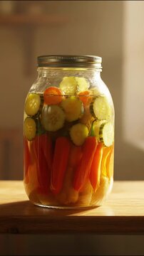 Pickles glass jar filled with sliced cucumbers and chili peppers standing on wooden table video clip