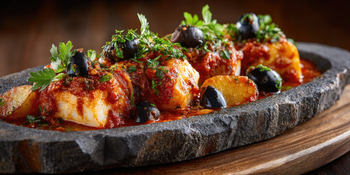 Mexican romeritos dish with pan-seared scallops, roasted potatoes, and broccoli florets, served in a rich mole sauce and garnished with fresh microgreens