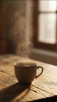 Steaming hot coffee cup sitting on rustic wooden table with morning sunlight and video footage