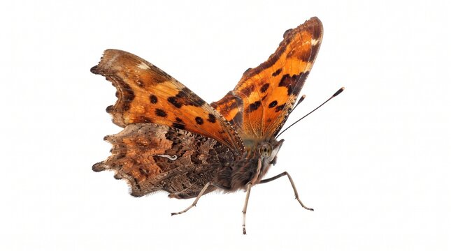 Orange comma butterfly with jagged wing edges rests isolated on a solid white background.