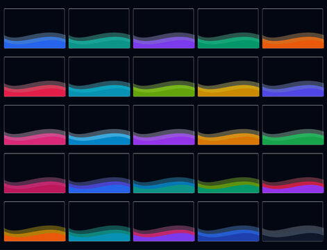 Abstract Wavy Lower Third Banners Set, 25 Modern Colorful Wave Headers for Video Streaming, Dark UI Web Graphics Vector Collection