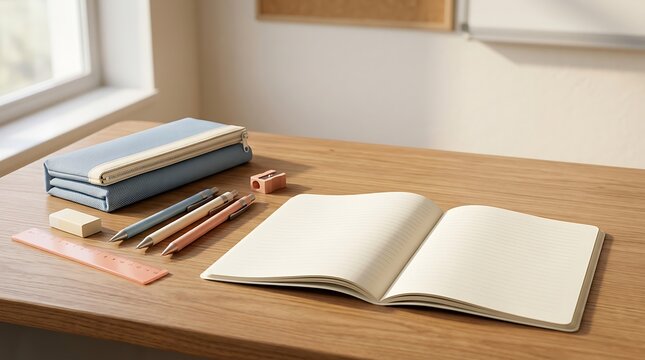 Open notebook with blank pages, pencil case, pens, eraser, and ruler on a wooden desk in a brightly lit classroom interior setting