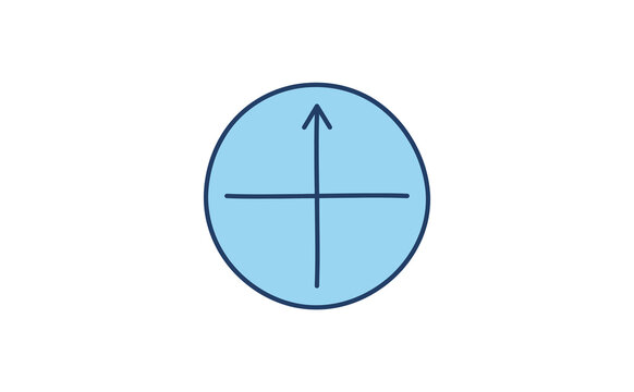 Minimalist blue circle icon with intersection axis and upward arrow