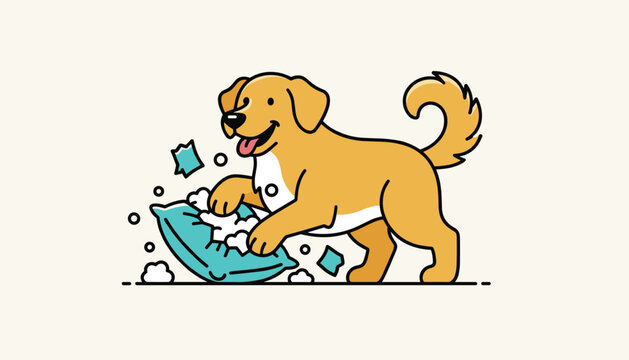 Golden retriever dog plays mischievously with a blue pillow, ripping it apart and scattering fluffy white stuffing everywhere.