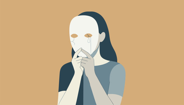 Young woman hides her sad emotions and tears behind a cracked white mask representing social facade or depression.
