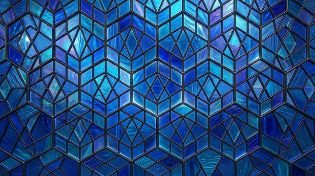 Repeating geometric pattern of blue stained glass tiles with interlocking hexagons and diamond shapes featuring reflective light effects