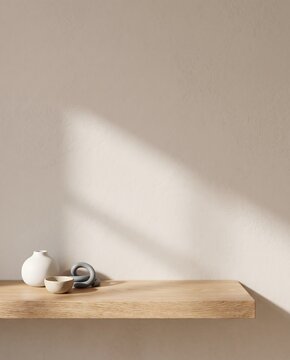 Minimal Wooden Shelf Background with Social Media Copy Space