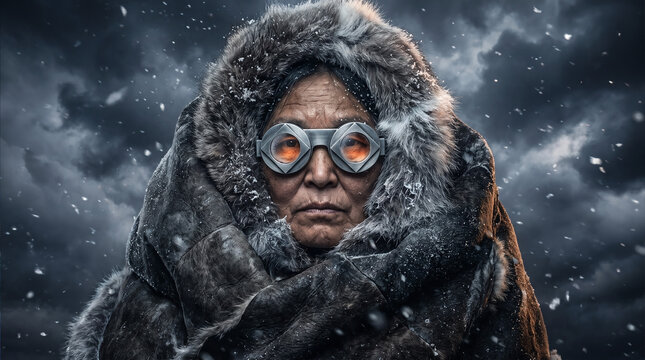 Portrait of a person in heavy fur parka wearing traditional snow goggles during a dark snowstorm