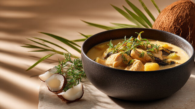Grenadian oil down stew, a traditional caribbean comfort food, slow-cooking chicken, vegetables, and aromatic spices in a rich coconut milk gravy, served warm