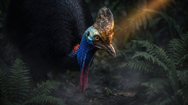 Southern cassowary bird with bright blue neck and prominent casque in a dark tropical rainforest with a sunbeam