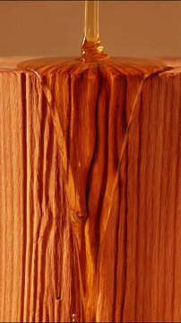 Honey pouring over textured wooden log surface in slow motion studio video footage clip