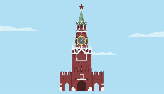 Spasskaya Tower of the Moscow Kremlin showing the famous clock and red star under a clear blue sky with light clouds.