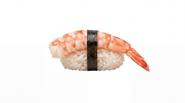 Single Piece of Traditional Japanese Ebi Nigiri Sushi with Cooked Shrimp Isolated on White Background