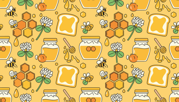 Seamless pattern of honey theme containing honey jars, bees, flowers, bread slices with honey, and honeycombs on a yellow background.