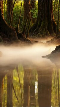Mystical forest landscape video with dense morning fog rolling gently over a calm river surface
