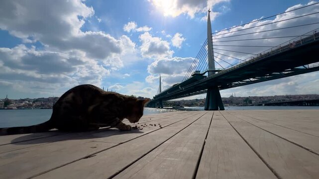 Silhouette of a stray cat eating dry food on wooden waterfront in Istanbul with Halic Metro Bridge, dramatic clouds and city skyline in background