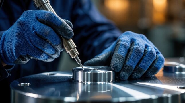 Industrial technician uses ultrasonic testing device on metal part. Specialist performs non destructive testing to find cracks flaws in steel component. Worker wears protective gloves during quality