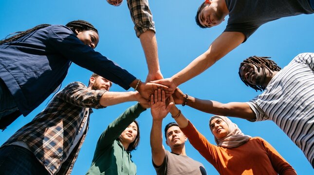 Diverse group of young adults joining hands in unity against a clear blue sky