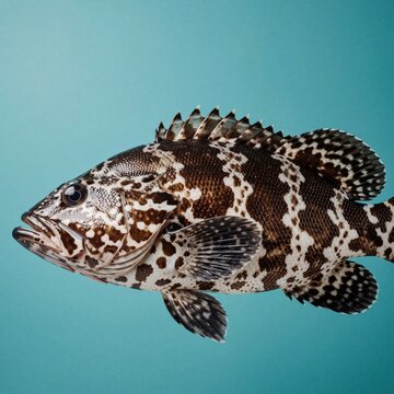 Fresh whole spotted grouper fish with dark brown pattern on teal blue background. Raw saltwater seafood isolated for cooking. Marine life specimen shows detailed scales, fins. Healthy wild caught sea