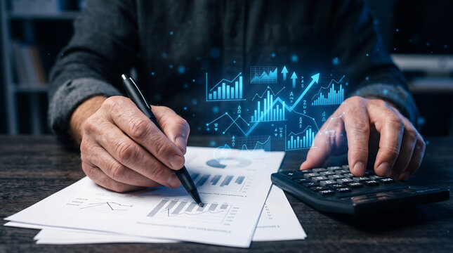 Financial professional analyzing printed charts while using calculator and digital analytics overlay at desk, close up business finance workspace with data reports