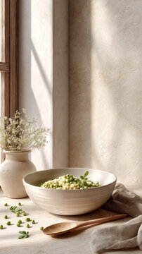 Hearty bowl of green peas and fresh herbs on a minimalist beige counter, evoking rustic, wholesome home cooking with natural light and simple, elegant ingredients