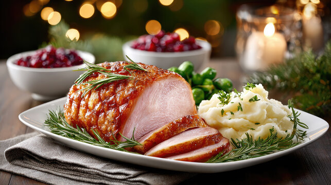 Holiday table with baked salmon garnished with rosemary, roasted potatoes, saut&eacute;ed spinach and croissants arranged with fir branches and red berries on textured gray background