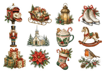 Obraz premium PNG Vintage Christmas clipart set with festive holiday decorations