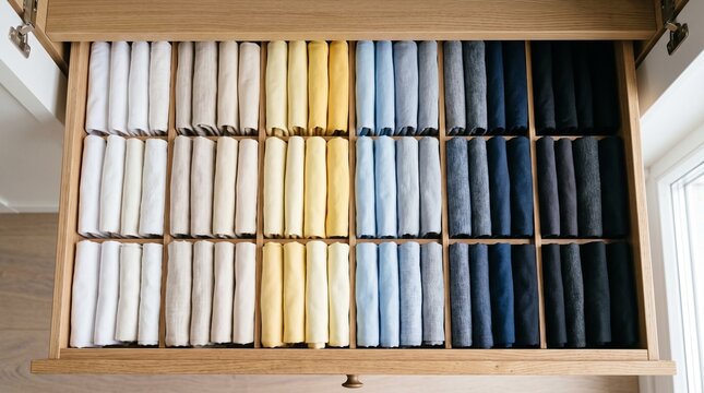 Neatly folded clothes organized by color in a wooden drawer with dividers for efficient storage and decluttering