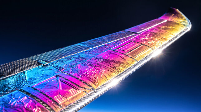 Close-up of a carbon fiber airplane wing or drone reflecting vibrant neon pink, blue and gold colors