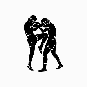 Muay Thai fighters in clinch position isolated on white background