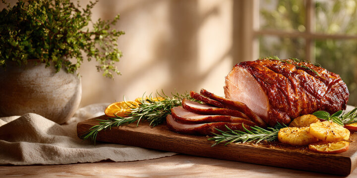 Glazed ham carved into slices rests on a rustic wooden board, garnished with grilled pineapple, fresh rosemary, and orange wedges, providing a succulent and flavorful dish