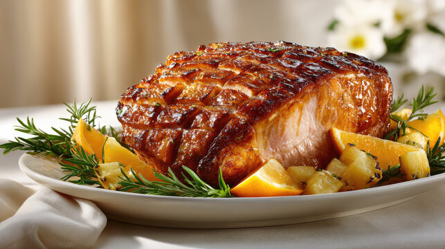 Glazed ham partially sliced on a wooden board with pineapple, citrus slices and rosemary, golden-brown and ready to serve for holiday meals or special celebrations
