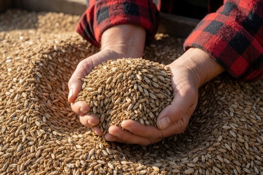 Female farmer holds handful of brewer spent grain. Organic barley byproduct serves as nutritious animal fodder livestock feed. Rural worker prepares high quality silage for ranch animals in