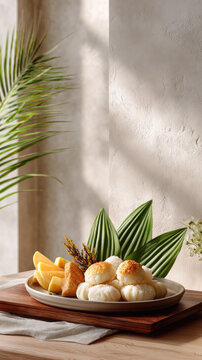 Healthy dessert platter featuring ducan cake, fresh coconut, white sticky rice dumplings, and orange slices, presenting a tropical inspired sweet treat in warm sunlight