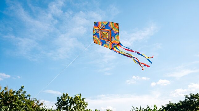 Colorful patterned kite with long flowing ribbons soaring high in a bright blue sky with scattered clouds