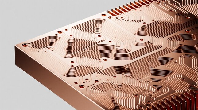 Close up of advanced copper heat sink with micro channel cooling plate. Precision machined metal component for thermal management in high performance electronics. Industrial radiator block used for