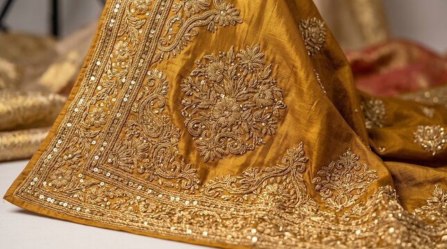 Premium Golden Raw Silk Dupatta with Heavy Gold Zari Floral Embroidery and Sequins   