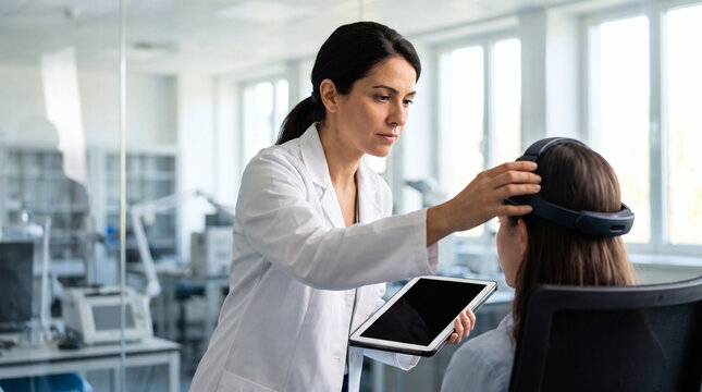Female neuroscientist in white coat adjusting EEG sensor headband on female patient while holding digital tablet in modern medical neuroscience laboratory