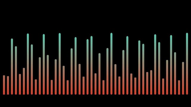 Horizontal audio spectrum visualizer motion graphic Audio waveform spectrum animation with alpha channel on black background, colorful sound waves meter lines audio wave visualisation 4K