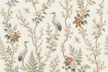 Obraz premium Vintage botanical pattern with cranes, flowers, foliage, and dragonflies