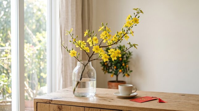 Ochna integerrima flowers in a vase with a cup of coffee and red envelope on a wooden table