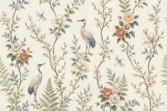 Vintage botanical pattern with cranes, flowers, foliage, and dragonflies