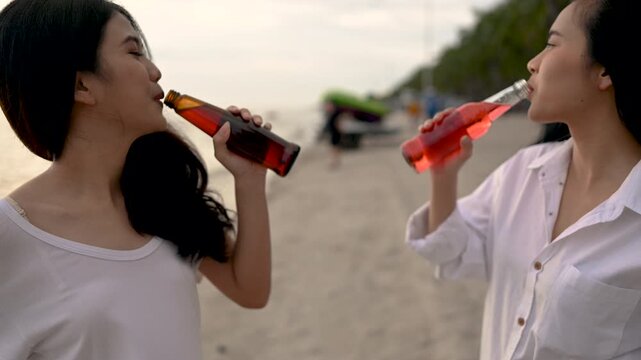 Two women hold beach drinks near the water, with glass bottles and clear cups of red liquid in their hands. The two women wear pale clothing on sand as the ocean and evening sky extend behind them.