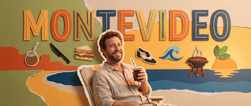 Montevideo Uruguay Travel Concept with Man Drinking Yerba Mate and Colorful Paper Cut Background