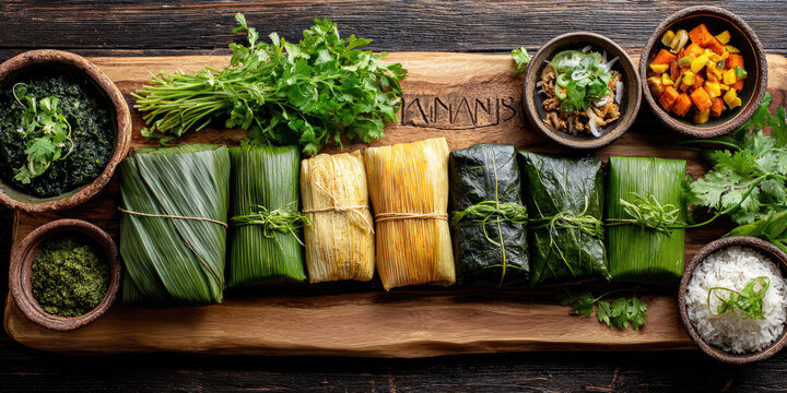 Costa rican tamales and traditional accompaniments like rice, black beans, salsa, and fresh herbs, artfully arranged on a rustic wooden table for an authentic culinary experience