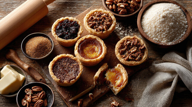 Delicious canadian butter tarts on a rustic wooden board, showcasing gooey pecan and raisin fillings with butter, brown sugar and whole pecans nearby for baking