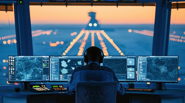 A modern airport control tower interior glows at dawn as an air traffic controller monitors radar screens. This premium aviation photo highlights technology and precision.
