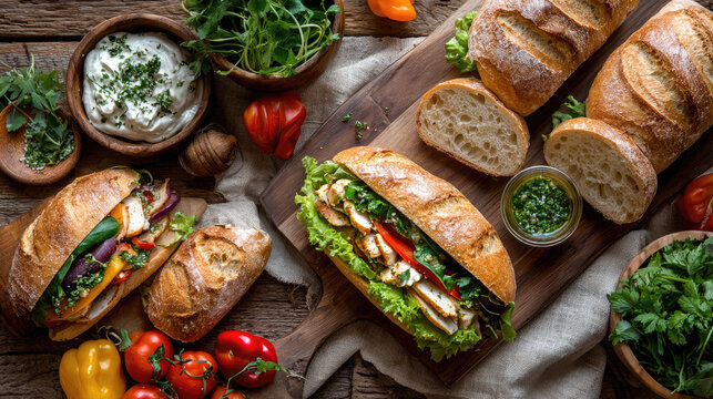 Christmas flat lay presenting salvadoran pan con pavo sandwiches with fresh salad, bread, and festive decor, offering a holiday meal setup