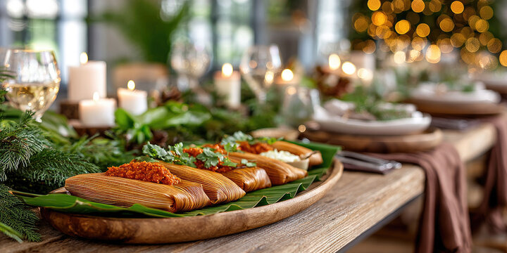 Elegant holiday dining table with traditional guatemalan tamales colorados in banana leaves, roasted bird, candles and greenery, cozy festive atmosphere for family gathering