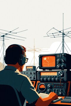 Amateur radio operator works at station with many electronic devices. Man uses headset, radio equipment to listen to signals. Tall antennae towers stand outside in background. Hobbyist communicates